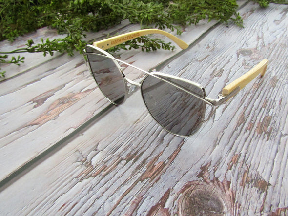 Bamboo Wood Sunglasses for Men and Women, Cat Eye Modern Wooden Sunglasses, Silver