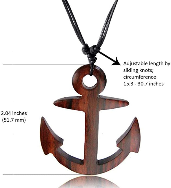 Earth Accessories Adjustable Wood Anchor Necklace for Women or Men - Anchor Charm Pendant Necklaces