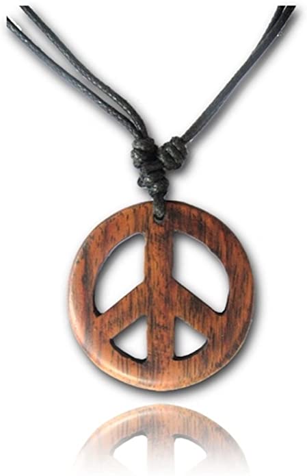 Earth Accessories Adjustable Peace Sign Pendant Necklace with Organic Wood Hippie Accessories and Hippie Costume for 60s or 70s
