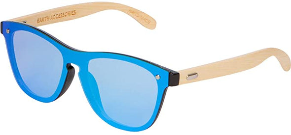 Bamboo Wood Sunglasses for Men and Women, Flat Mirror Wooden Sunglasses, Green / Blue Mirror