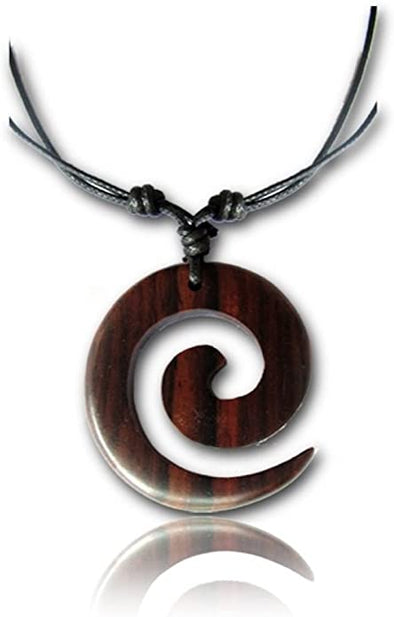 Organic Wood Adjustable Spiral Necklace for Women - Boho Necklace or Tribal Pendant Necklaces for African, Hawaiian, Maui, Egyptian, or Indian Looks