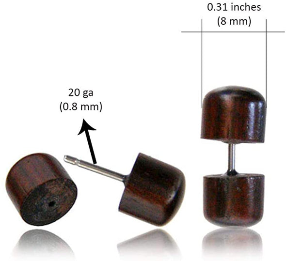 Earth Accessories Small Fake Gauge for Women/Men/Faux Gauge Earrings with Organic Wood and Surgical Steel/Fake Plugs Sold as a Pair in Black or Brown