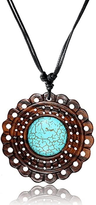 Earth Accessories Adjustable Turquoise Pendant Necklace with Organic Wood-Turquoise Jewelry for Women-Western/Pocahontas Vintage Delicate Necklaces