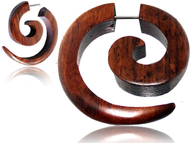 Spiral Fake Gauges for Women or Men - Faux Gauge Earrings with Organic Wood and Surgical Steel - Fake Plugs Sold as a Pair in Black or Brown