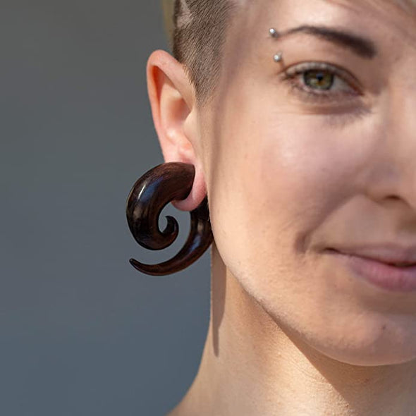 Earth Accessories Spiral Taper Earrings - Gauges for Ears with Organic Wood - Black Arang Wood Ear Stretching Gauges - Set of Plugs Sold as Pair