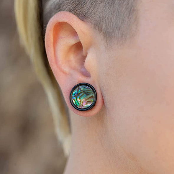 Earth Accessories Abalone Gauge Earrings - Gauges for Ears with Organic Wood - Ear Stretching Gauges (Guages or Gages) - Set of Plugs Sold as a Pair