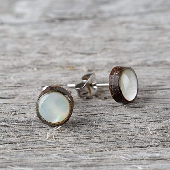 Earth Accessories Organic Shell Stud Earrings for Women - Stud Earring Set surrounded by Coconut Shell with Abalone, Mother of Pearl, and More