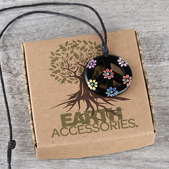 Earth Accessories Adjustable Peace Sign Pendant Necklace with Organic Wood - Hippie Accessories and Hippie Costume for 60s or 70s