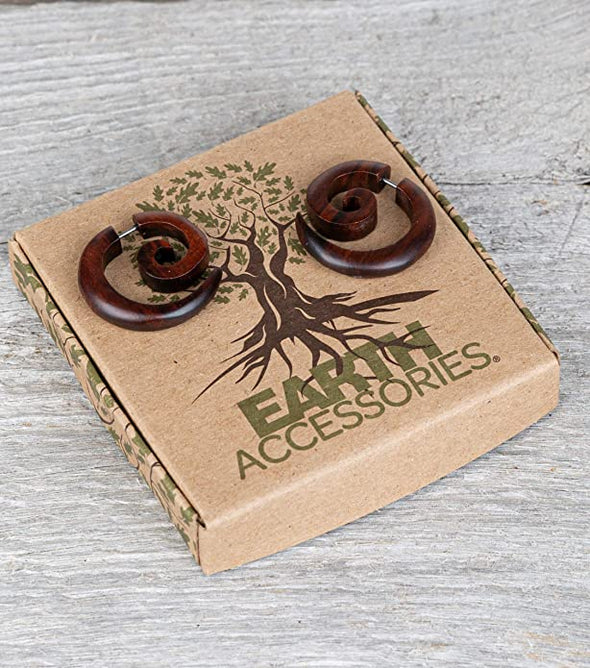 Spiral Fake Gauges for Women or Men - Faux Gauge Earrings with Organic Wood and Surgical Steel - Fake Plugs Sold as a Pair in Black or Brown