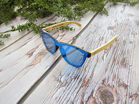 Bamboo Wood Sunglasses for Men and Women, Flat Mirror Wooden Sunglasses, Green / Blue Mirror