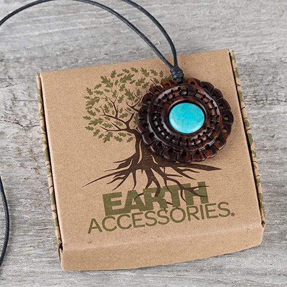 Earth Accessories Adjustable Turquoise Pendant Necklace with Organic Wood-Turquoise Jewelry for Women-Western/Pocahontas Vintage Delicate Necklaces