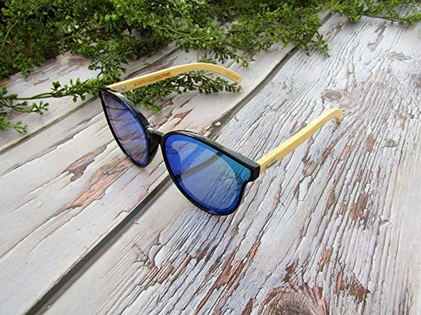 Bamboo Wood Sunglasses for Men and Women, Flat Rimmed Retro Wooden Sunglasses, Blue