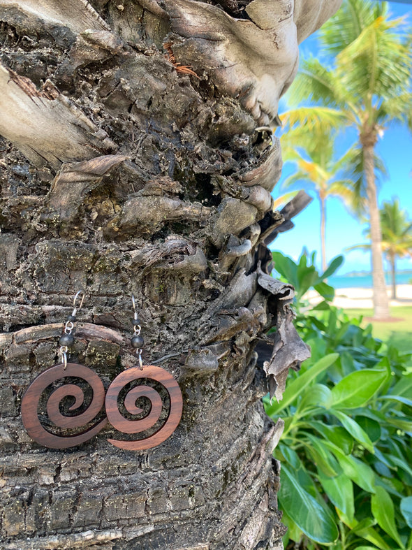 Earth Accessories Organic Wood Dangle Spiral Earrings for Women/Boho Ear Rings or Tribal Earring for African, Hawaiian,Maui,Egyptian, or Indian Looks