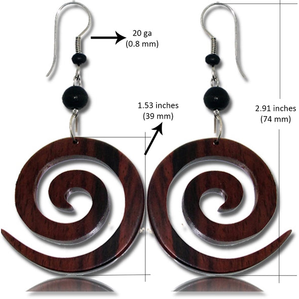 Earth Accessories Organic Wood Dangle Spiral Earrings for Women/Boho Ear Rings or Tribal Earring for African, Hawaiian,Maui,Egyptian, or Indian Looks