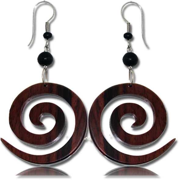 Earth Accessories Organic Wood Dangle Spiral Earrings for Women/Boho Ear Rings or Tribal Earring for African, Hawaiian,Maui,Egyptian, or Indian Looks