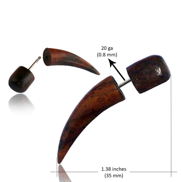 Spike Taper Fake Gauge for Women or Men - Faux Gauge Earrings with Organic Wood and Surgical Steel - Fake Plugs Sold as a Pair in Black or Brown