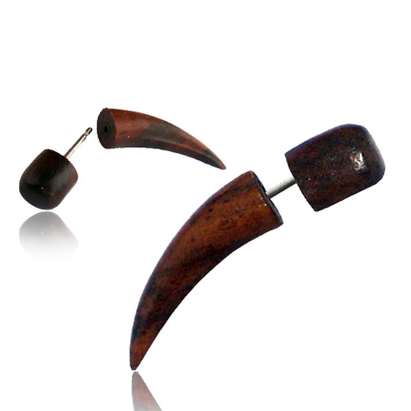 Spike Taper Fake Gauge for Women or Men - Faux Gauge Earrings with Organic Wood and Surgical Steel - Fake Plugs Sold as a Pair in Black or Brown